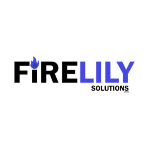 Firelily Company Logo: A striking blue and black logo featuring a lily flower engulfed in fiery flames, representing the company's dynamic and passionate brand identity