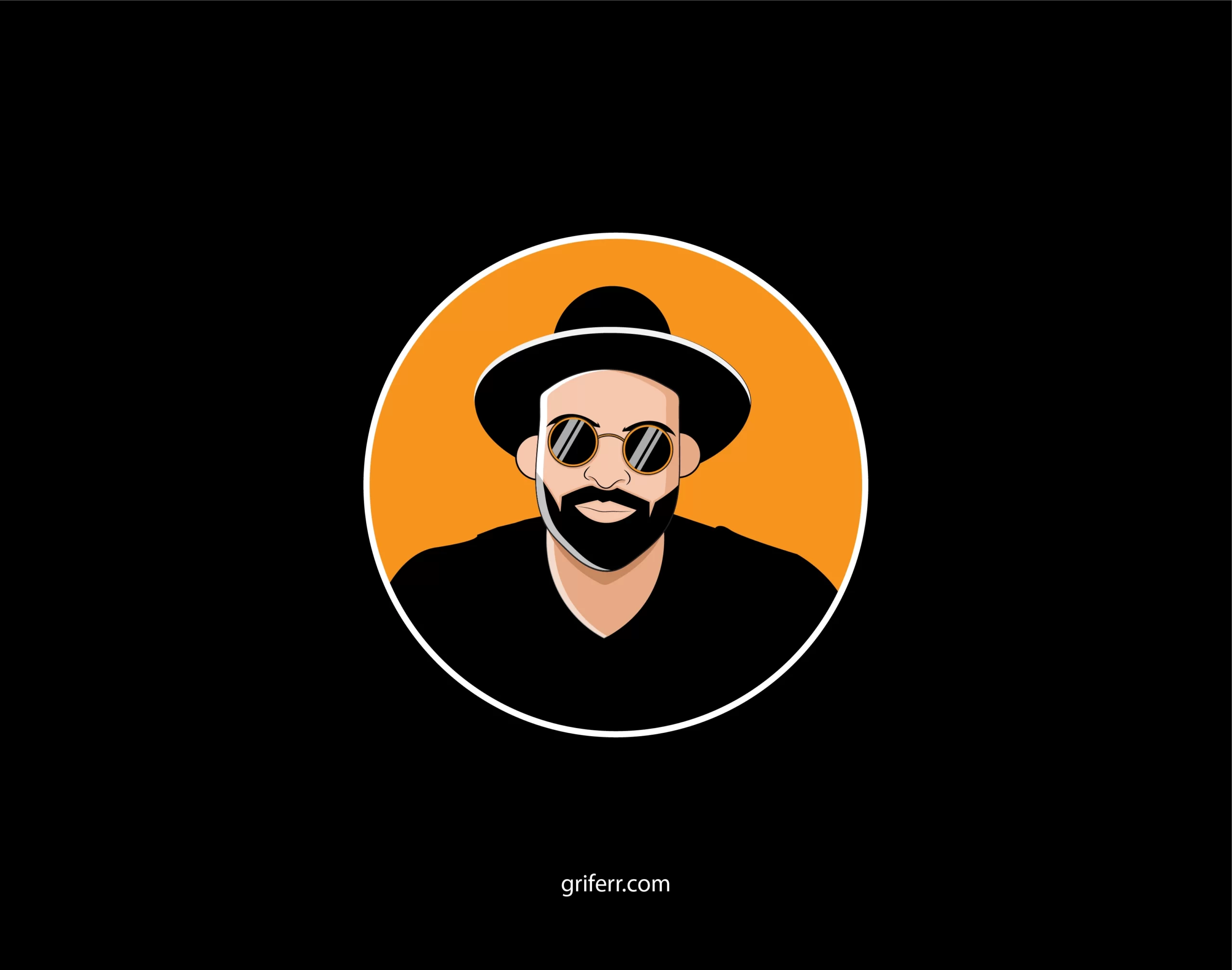 Flat portrait design of a bearded man in black glasses, sporting a stylish black t-shirt against a simple backdrop.