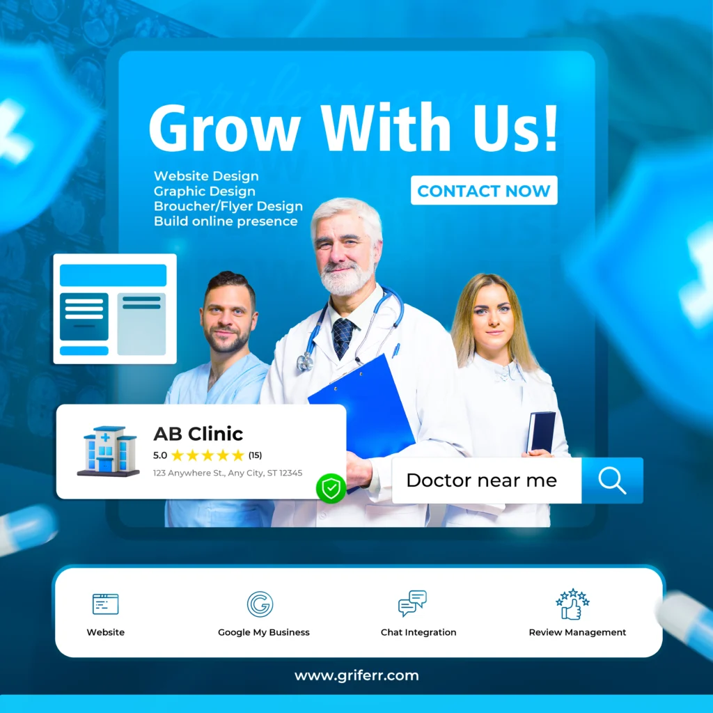 A promotional image showcasing digital marketing services provided by Griferr.com for clinics, featuring three medical professionals, a search bar with "Doctor near me", and service icons for website, Google My Business, chat integration, and review management.